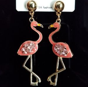 2 for $8 Pink Flamingo Rhinestone Gold Earrings